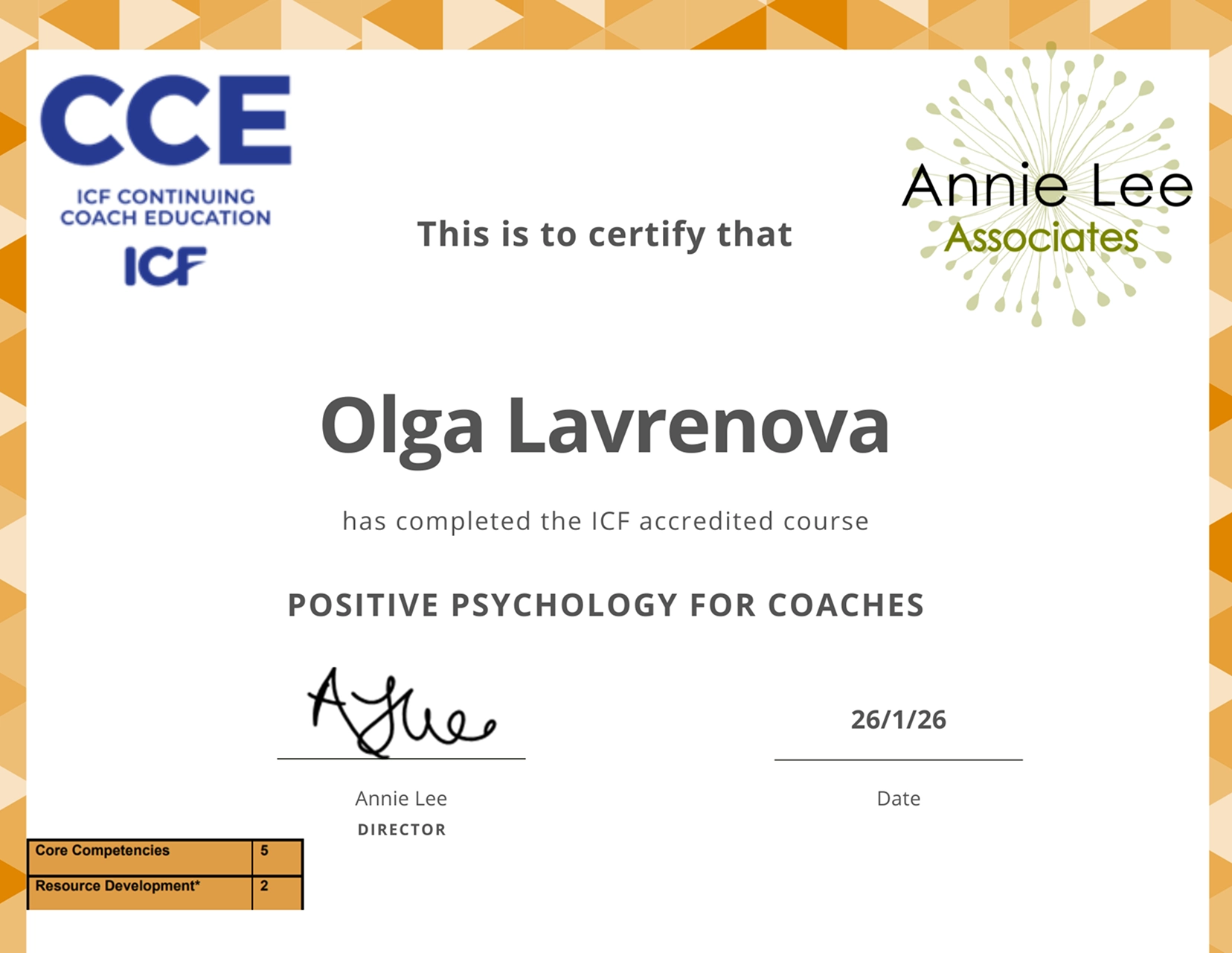 Positive Psychology for Coaches certificate for Olga Lavrenova